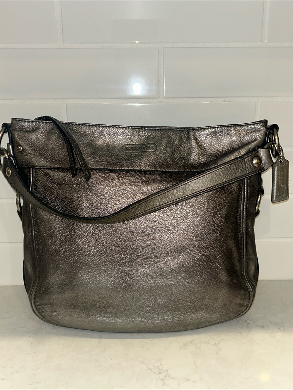 Vintage COACH F14706 pewter gray ZOE Leather hobo